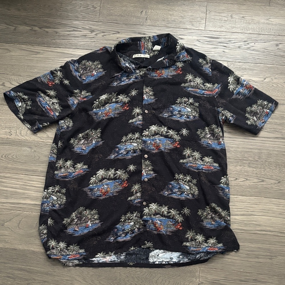 Batik Bay | Black Hawaiian Print Lobster Short-Sleeve Button-Down Rayon Shirt XL